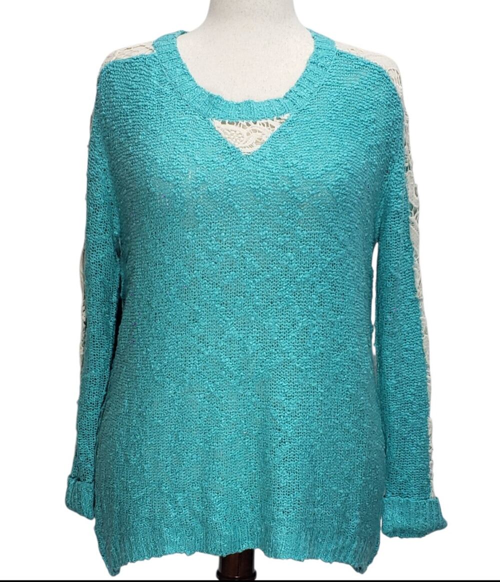 Hayden LA Lace Insert Tunic Sweater Boho Cottagecore Teal Turquoise Size Large